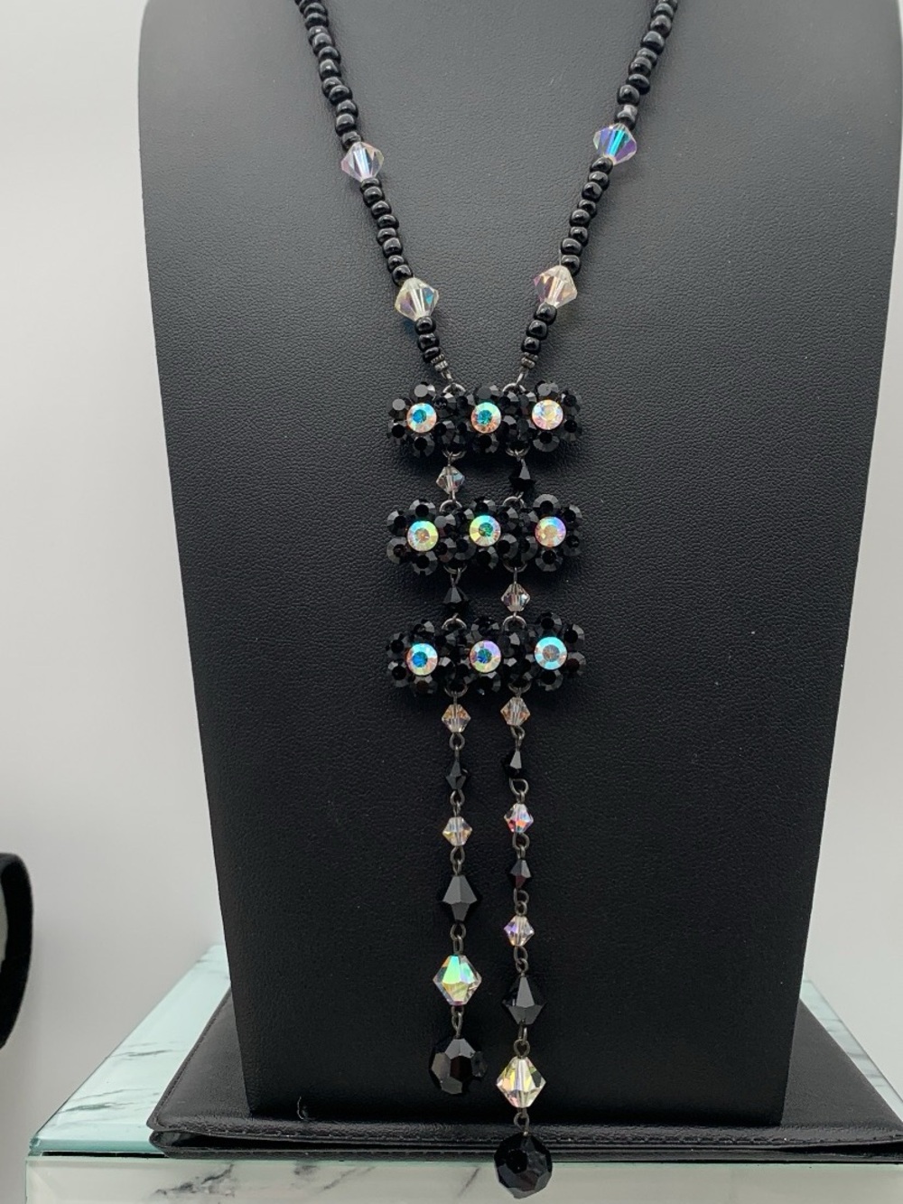 Belle Paris Black faceted Beaded Floral Drop Necklace with Aurora Rhinestones